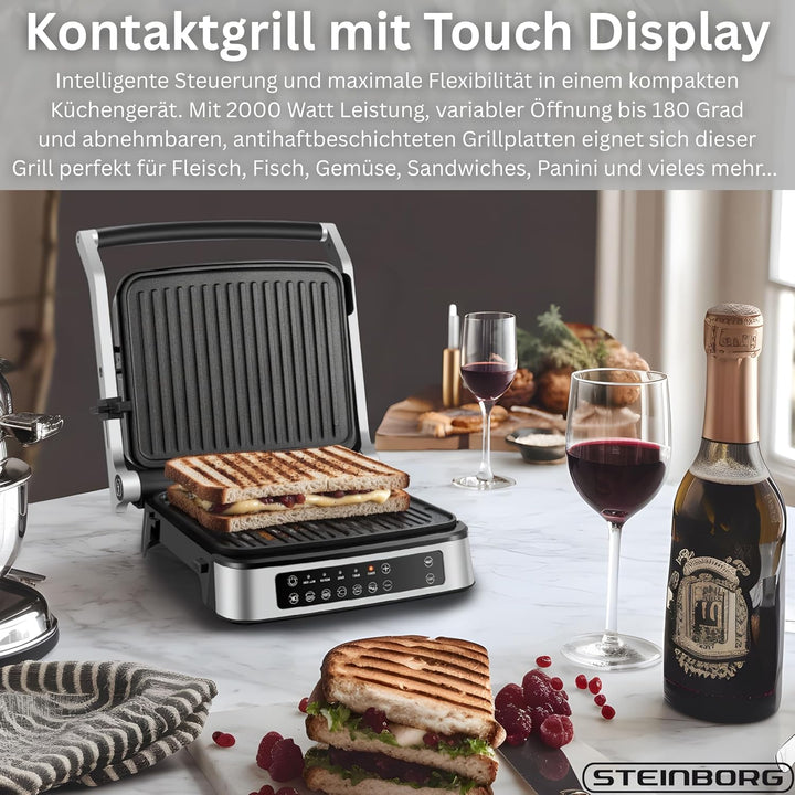Steinborg® Kontaktgrill abnehmbare Platten mit Touch Display – Elektrischer Tischgrill & Paninigrill