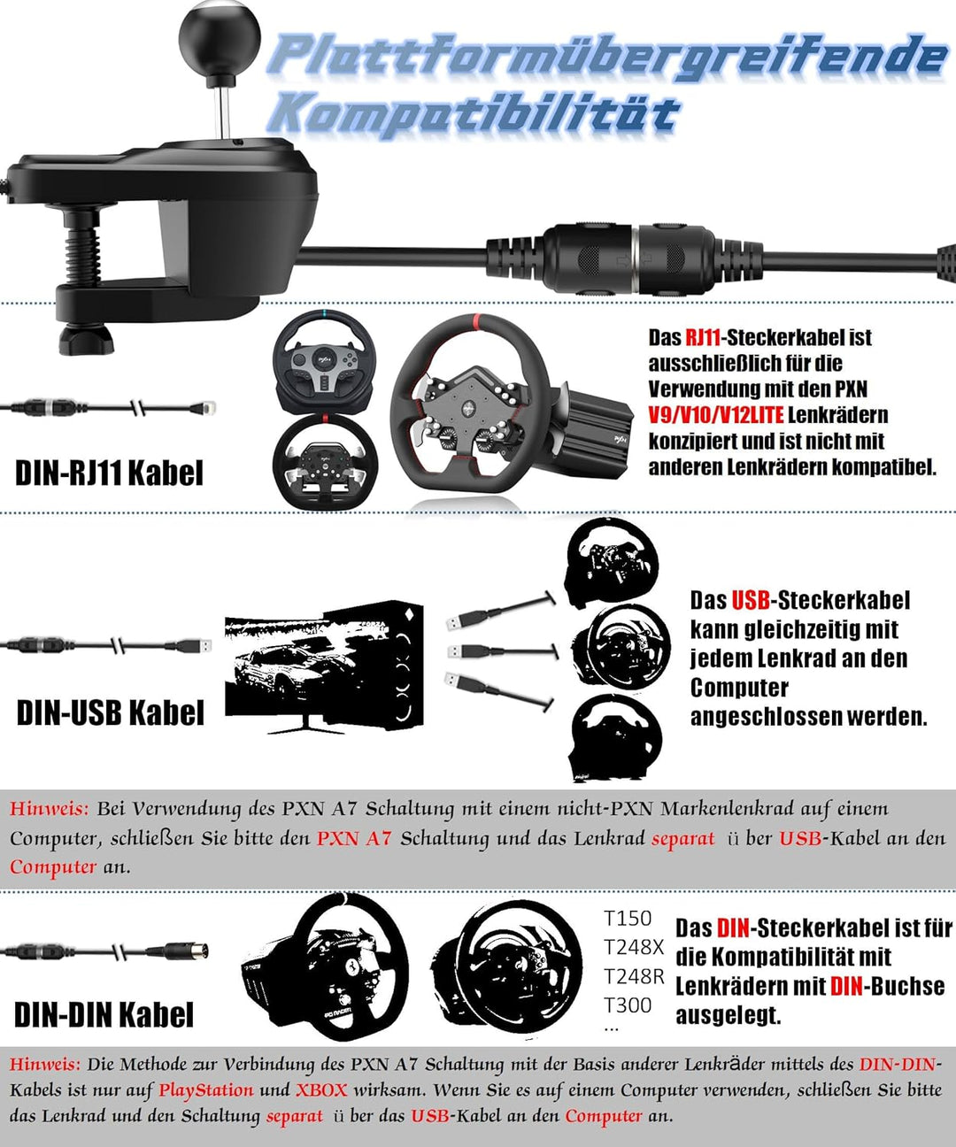 PXN A7 Schaltung, Gaming Lenkrad Schalthebel - Universal Shifter PC, 6+R Gängen, 3 Kabeln (USB, RJ11