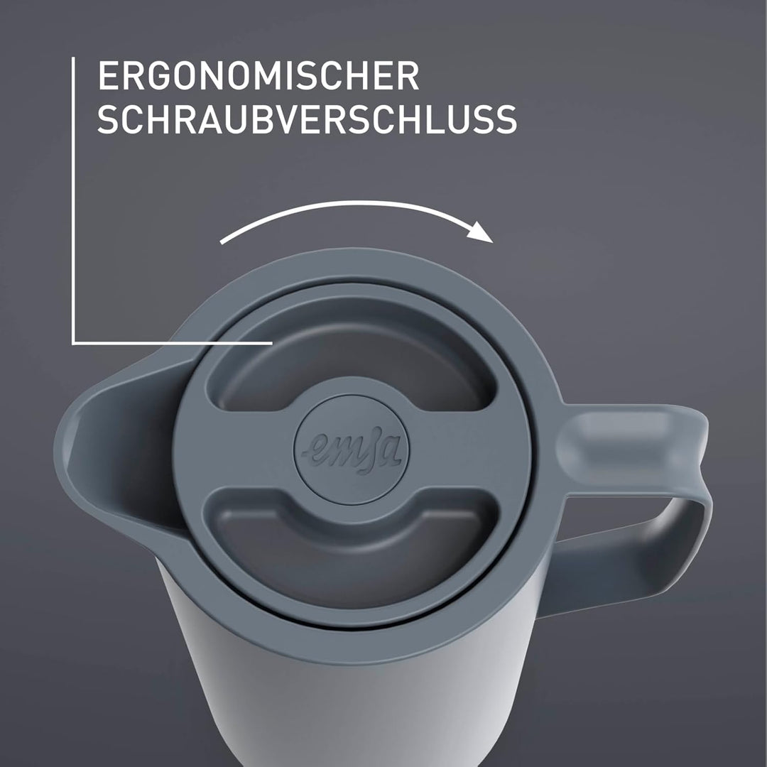 Emsa N41701 Motiva Isolierkanne | 1 Liter | Quick-Press-Verschluss | 12h heiss, 24h kalt | Glaskolbe