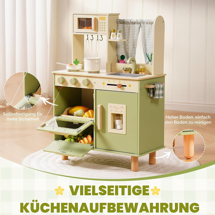 ROBUD Kinderküche aus Holz – Spielküche mit Kühlschrank, Eiswürfelspender, Backofen & Zubehör, Rolle