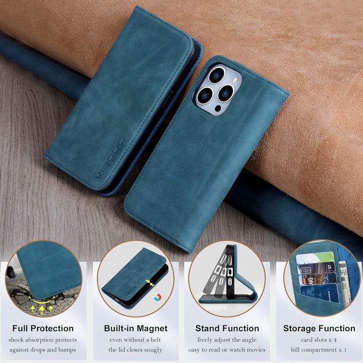 VISOUL Hülle für iPhone 14 Pro Max Handyhülle [ Echtleder] [Schützt] [Kartenfach] [Magnet] [Standfun