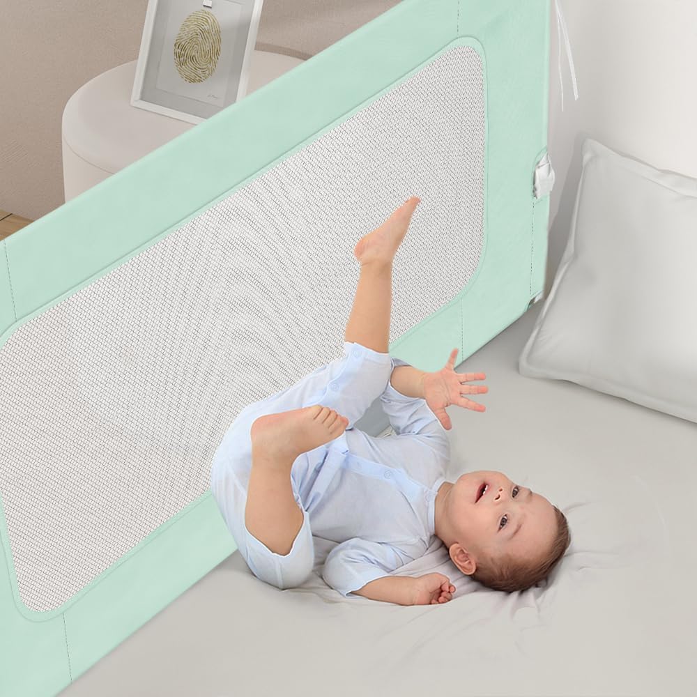 Bettschutzgitter mit Verstellbarer Gurte,Rausfallschutz Bett 180° faltbar für Boxspringbett, Bettgit