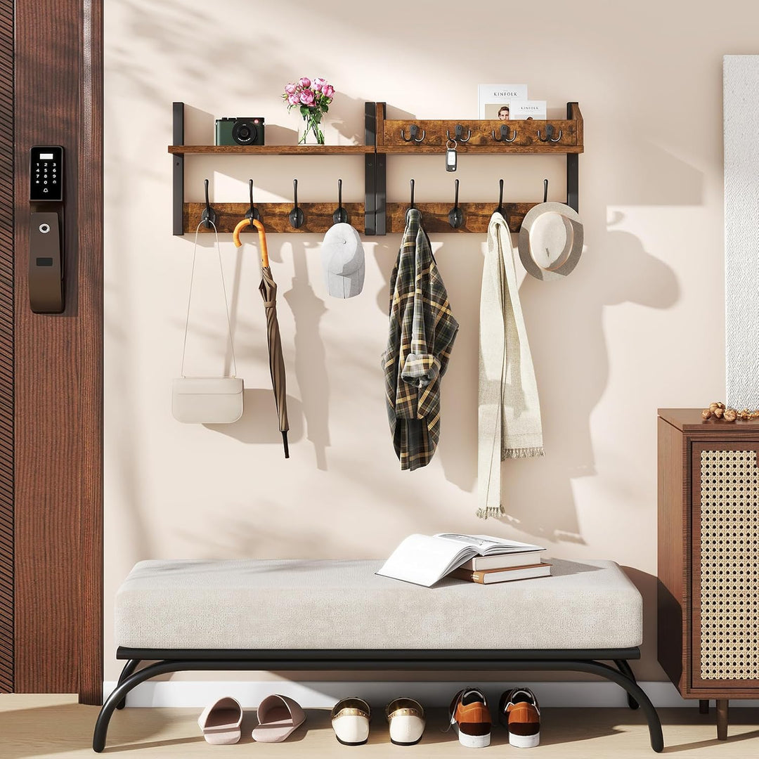 YMYNY 4-in-1 Wandgarderobe mit Ablage, Garderobenleiste Schlüsselbrett Holz, Gaderobe Wand für Flur,