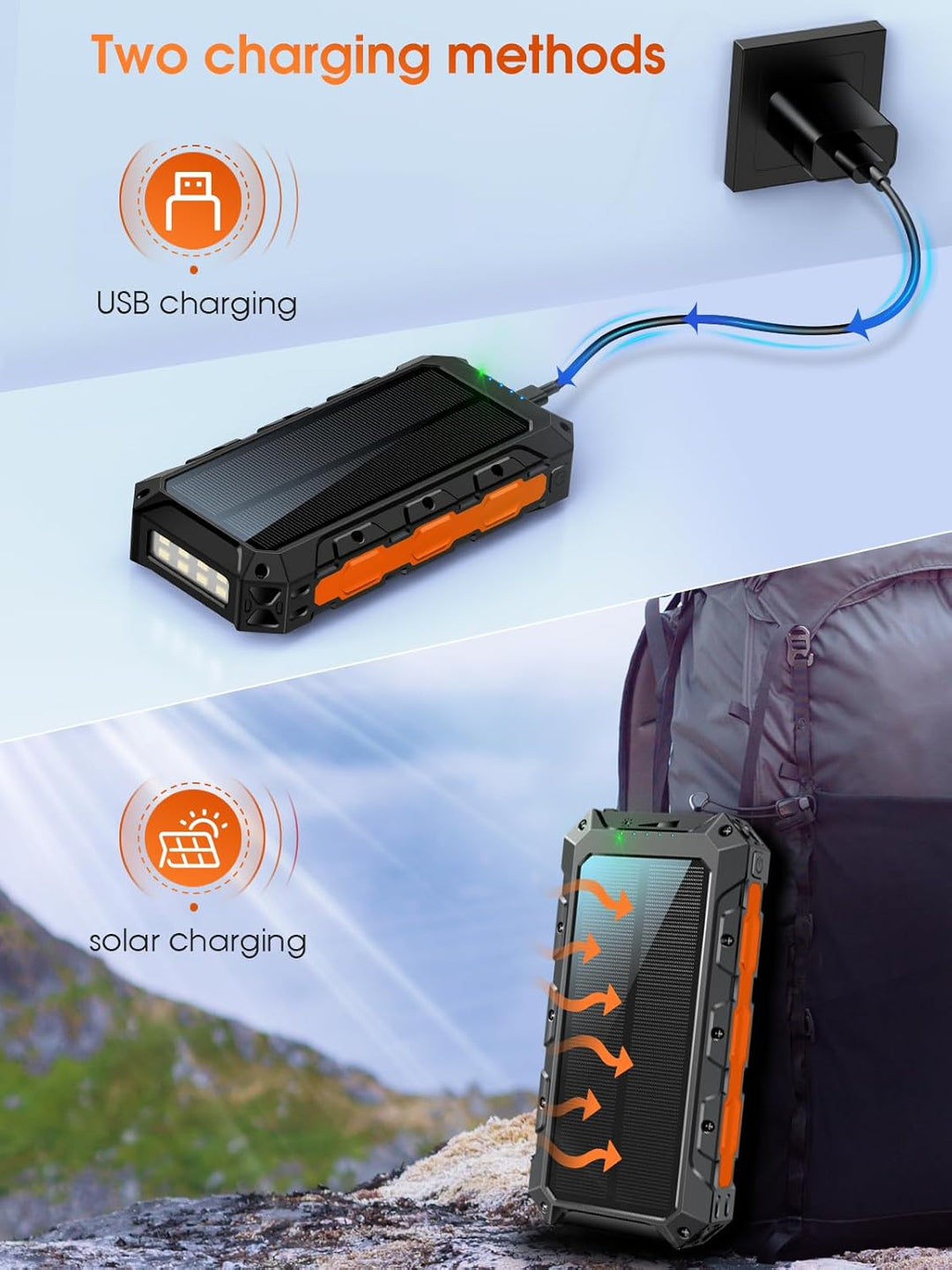 52800mAh Solar Powerbank, 30W PD Power Bank Schnellladefunktion mit 3 Integrierten Kabel, 7 Ausgänge