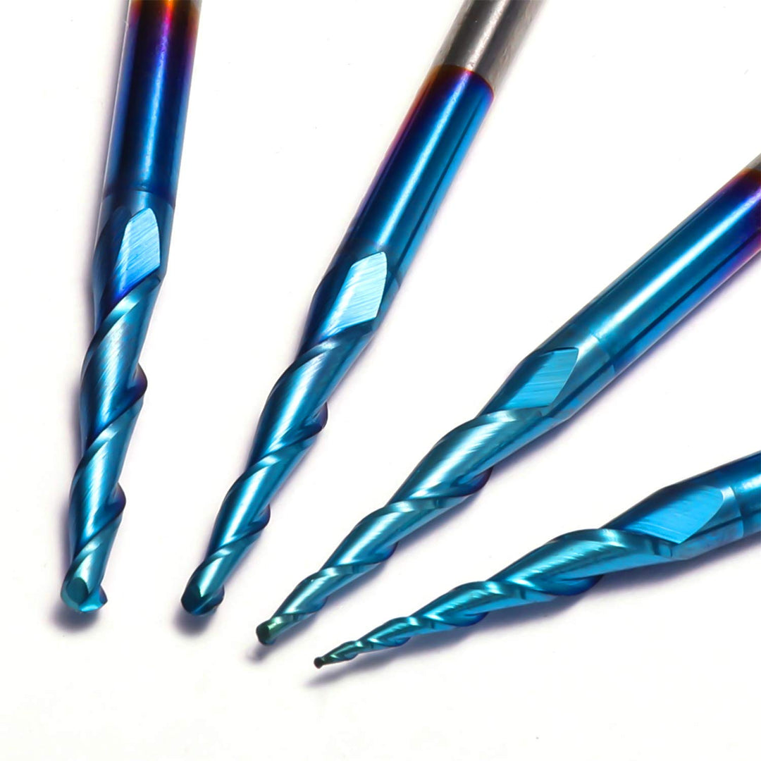 Genmitsu 4 Stück 2-Nuten- Kugelkopffräser mit konischer Spitze, Vollhartmetallfräser mit Nano Blue-B
