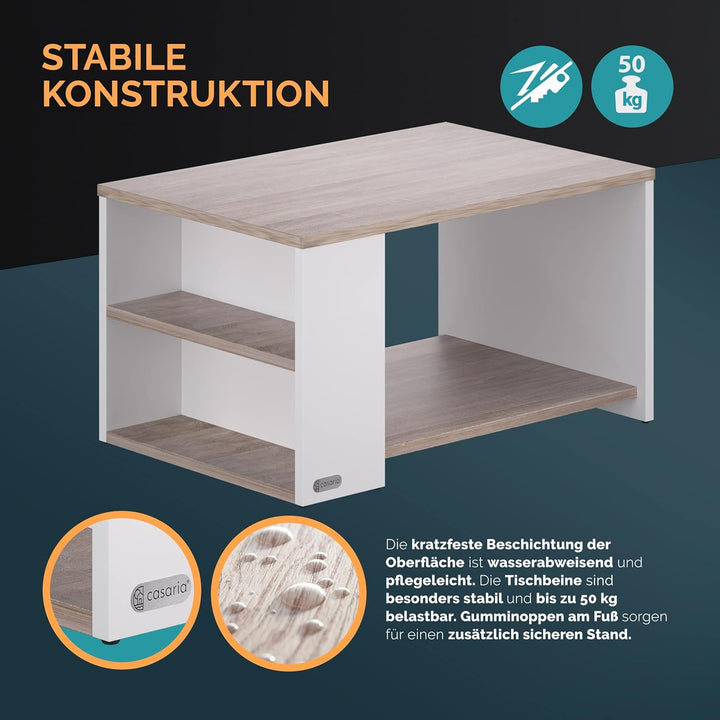 Casaria® Couchtisch mit Ablage 2 Fächer Stauraum 90x59x48cm Kratzfest Holz 50kg Belastbarkeit Gross