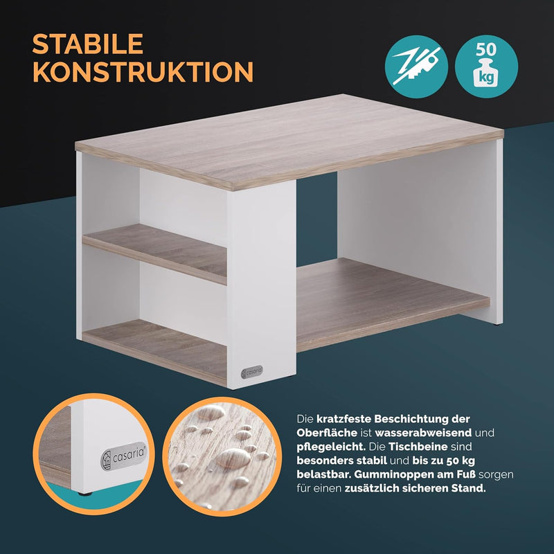 Casaria® Couchtisch mit Ablage 2 Fächer Stauraum 90x59x48cm Kratzfest Holz 50kg Belastbarkeit Gross