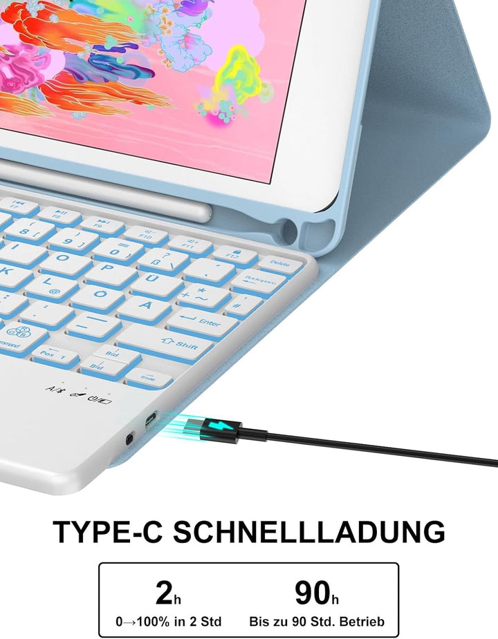 JADEMALL Für iPad 9,7" Hülle mit Tastatur & Touchpad – 7-Farb LED, Deutsch QWERTZ, Bluetooth 5.0 für