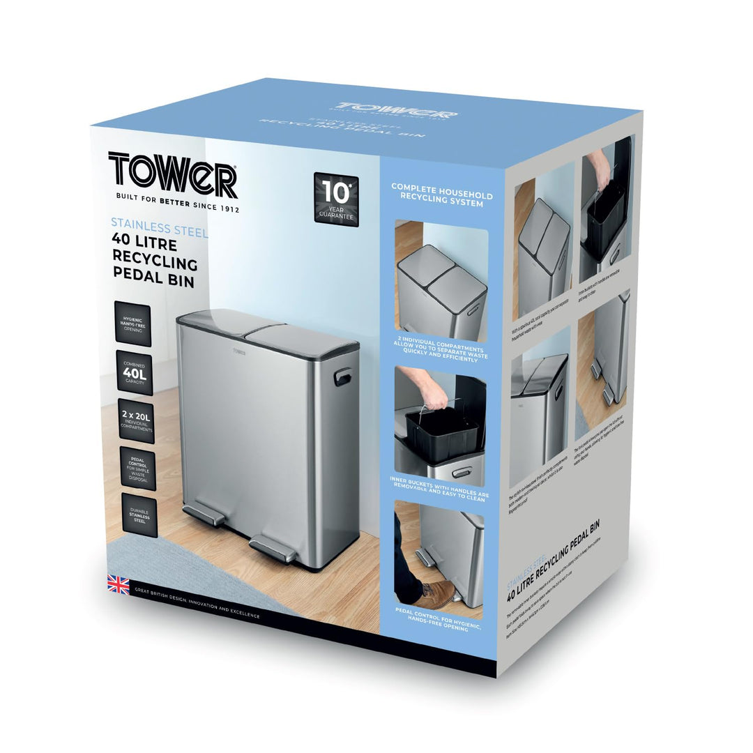 Tower T838022SS Recycling-Treteimer mit zwei 20-Liter-Fächern, Körper aus Karbonstahl, zwei Inneneim