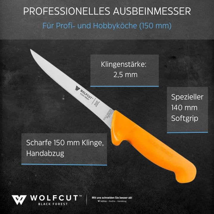Wolfcut Gold Serie - Metzgermesser-Set 2-tlg. - Ausbeinmesser gebogene flex 15 cm Klinge und gerade
