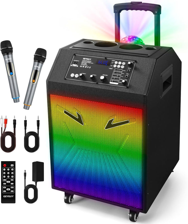 Karaoke Maschine Ankuka Karaoke Anlage mit 2 drahtlosen Mikrofonen Bluetooth PA Anlage mit Rädern un