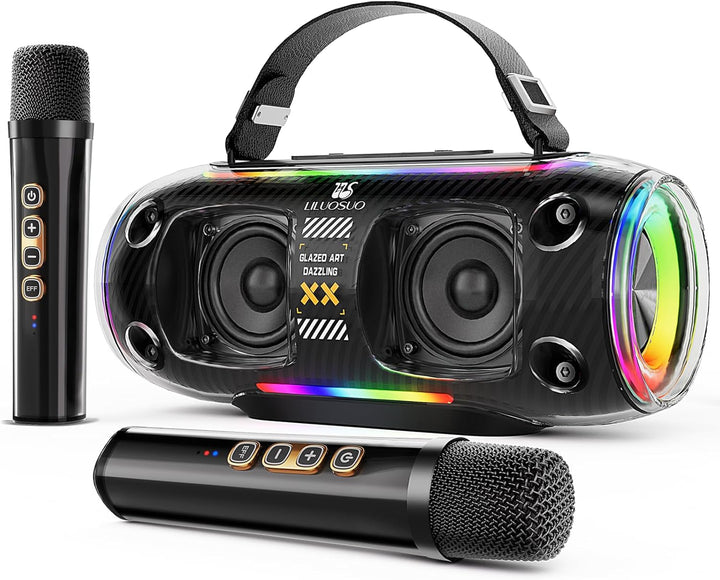 LILUOSUO Karaoke Maschine mit zwei drahtlosen Mikrofonlautsprechern, einem tragbaren Bluetooth PA-Sy
