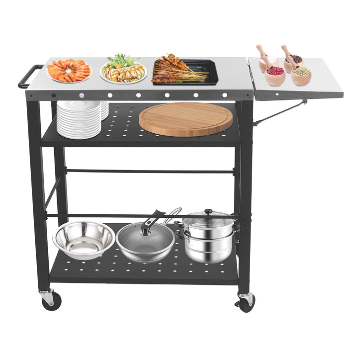 3-Etagen Servierwagen mit Klappbare Beistelltisch, Grilltisch Outdoor mit 4 Universal-Räder, Grillti