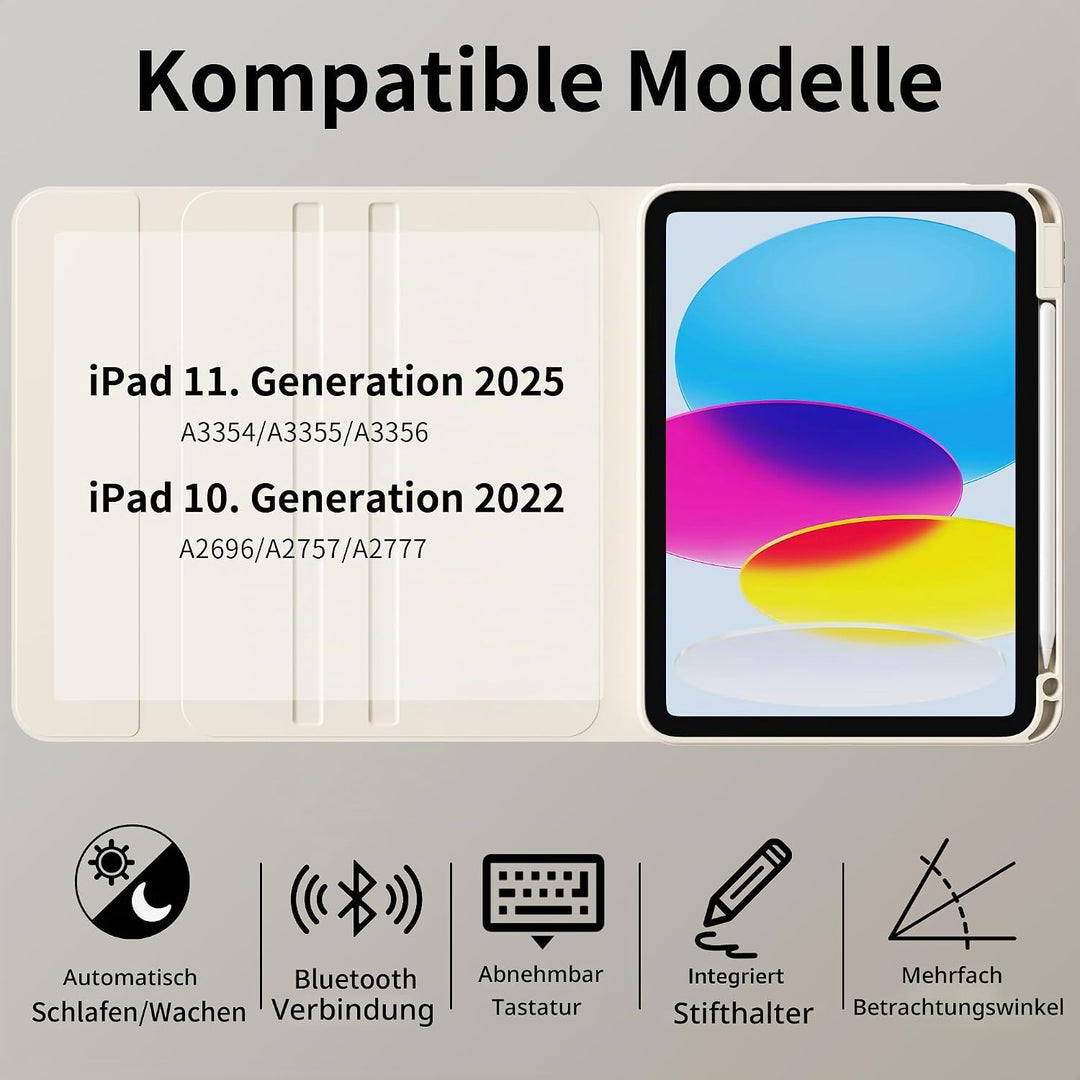 Hülle mit Tastatur für iPad 11 Generation (A16) 11 Zoll 2025/10 Generation 10.9 Zoll 2022, 360°-Dreh