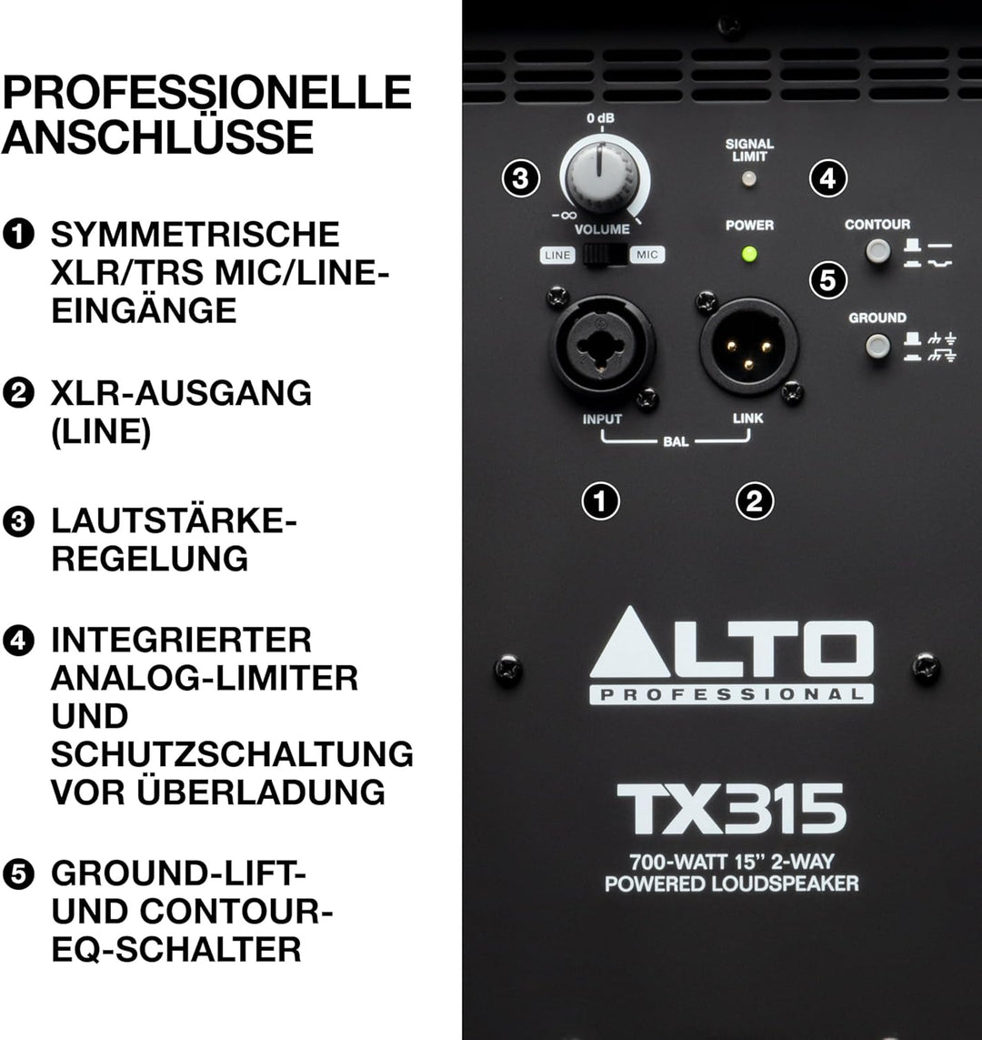 Alto Professional TX315 – 700 Watt 15-Zoll 2-Wege aktiver PA-Lautsprecher mit Signal-Limiting und sc