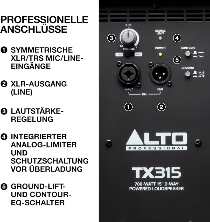 Alto Professional TX315 – 700 Watt 15-Zoll 2-Wege aktiver PA-Lautsprecher mit Signal-Limiting und sc