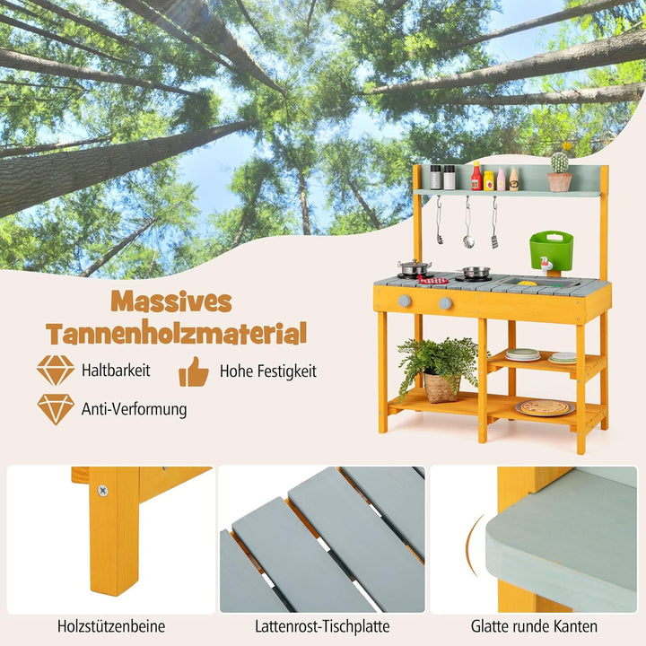 COSTWAY Matschküche Kinder Outdoor, Kinderküche Holz mit Wasserfunktion, Spielküche mit Haken & abne