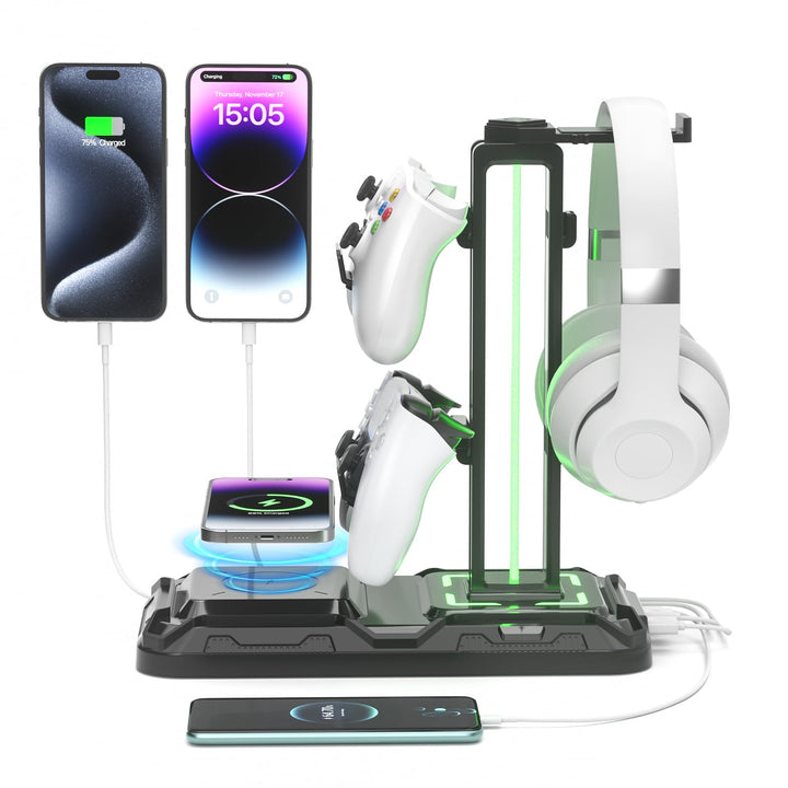 KDD Gaming Headset Halterung mit Wireless Ladegerät - Controller Halterung & Kopfhörer Ständer mit 9