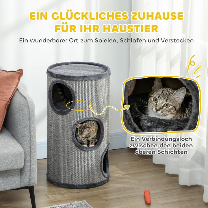 PawHut Kratztonne 70 cm Hoch Ø 38 cm dreistöckige Katzentonne mit Plüschrand, Katzenhöhle, Kratzbaum
