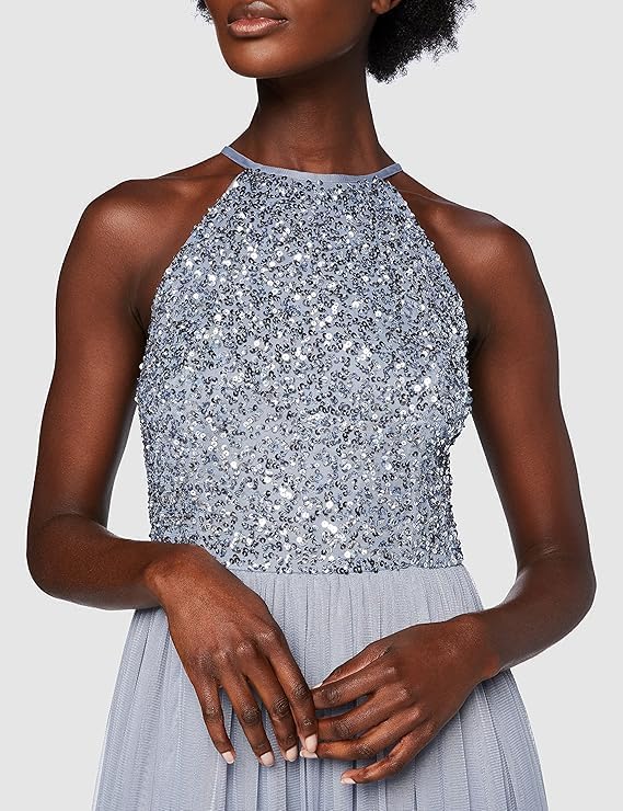 Maya Deluxe Damen Maxikleid Brautjungfer Neckholder Pailletten Verziert Abschlussball Hochzeit Dleid