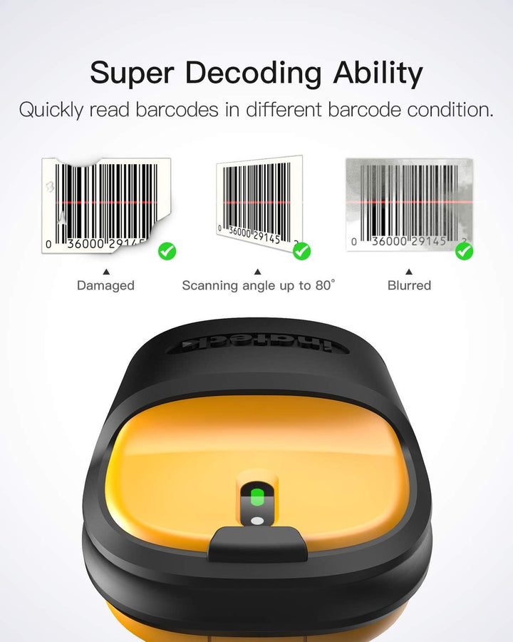 Inateck Barcode Scanner Wireless 2.4GHz, Akku mit 2600 mAh, 60 m Reichweite, automatisches Abtasten