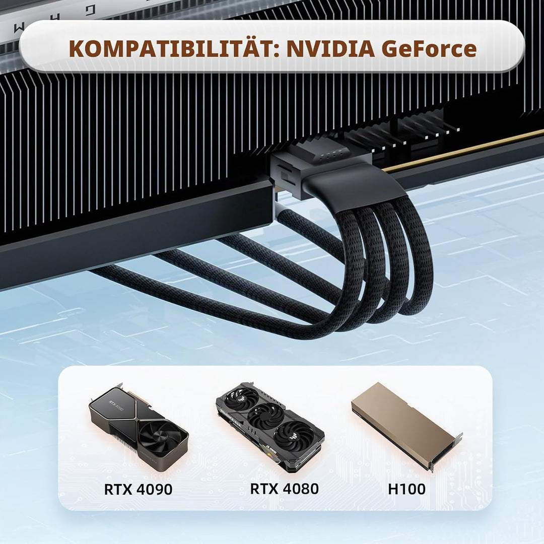 12VHPWR-Kabel 16-Pin (12+4) Stecker auf 4x 8-Pin PCIe Buchsen | 600W für RTX 4090/4080/H100 | Ummant
