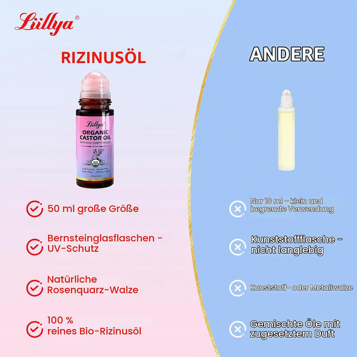 rizinusöl kaltgepresst bio Roll On mit Rosenquarz – Castor Oil Organic 100% Rein, Hexanfrei, Natürli