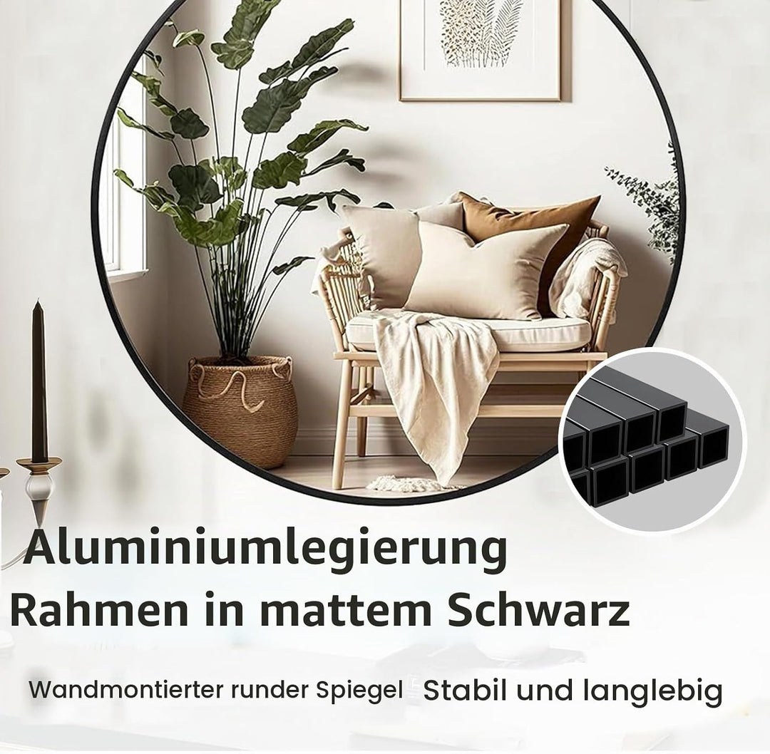 60 cm runder Badezimmerm Spiegel mit schwarzem Aluminiumrahmen,Wandmontierter Spiegel,HD-Glas für Ba