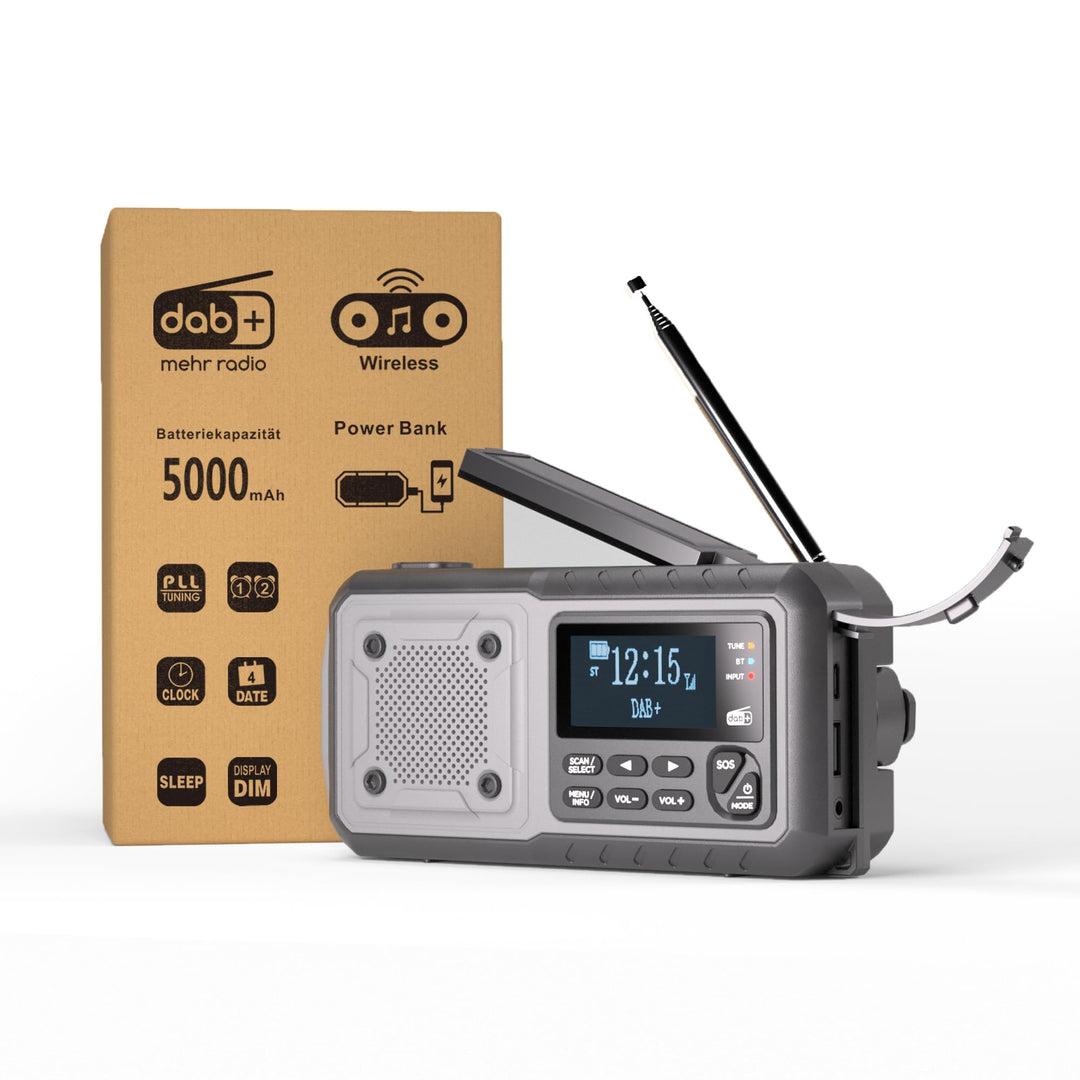 Acta Berg Kurbelradio DAB+/UKW | Notfallradio mit Kurbel &amp; 5000 mAh Akku | Solar Radio mit Wecker |