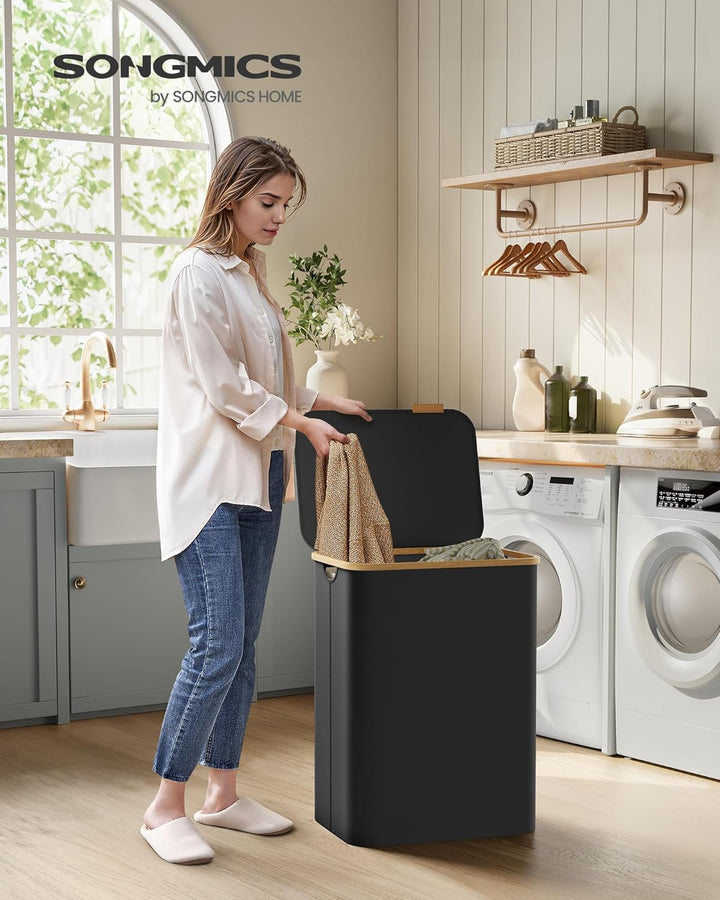 SONGMICS Wäschekorb mit Deckel, Wäschesammler mit 2 Fächern, 130 L, herausnehmbarer Wäschesack, Oxfo