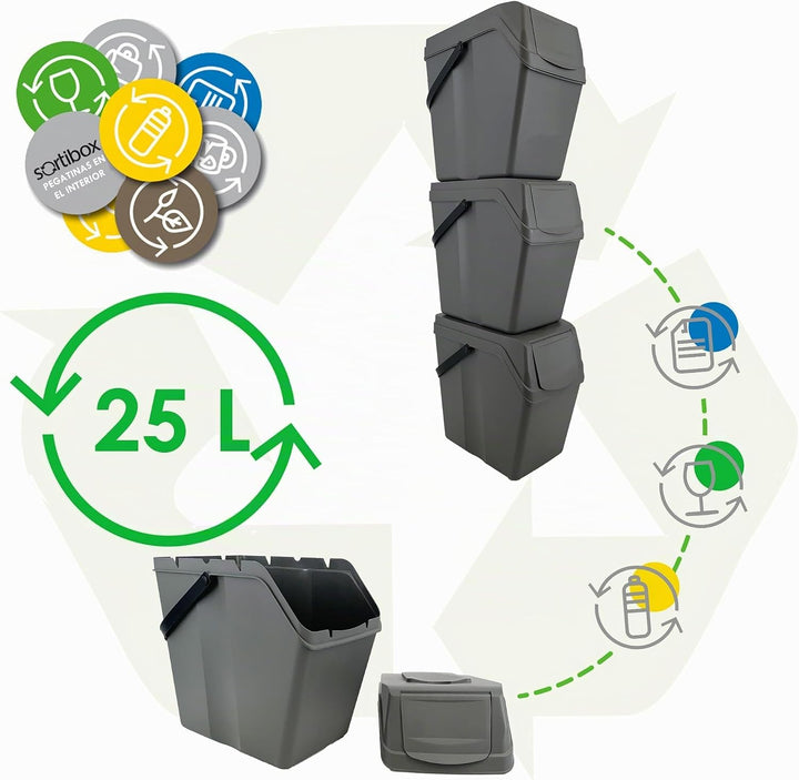 Set de 3 cubos de basura KEDEN SORTIBOX para reciclado, gris, volumen 3x25L