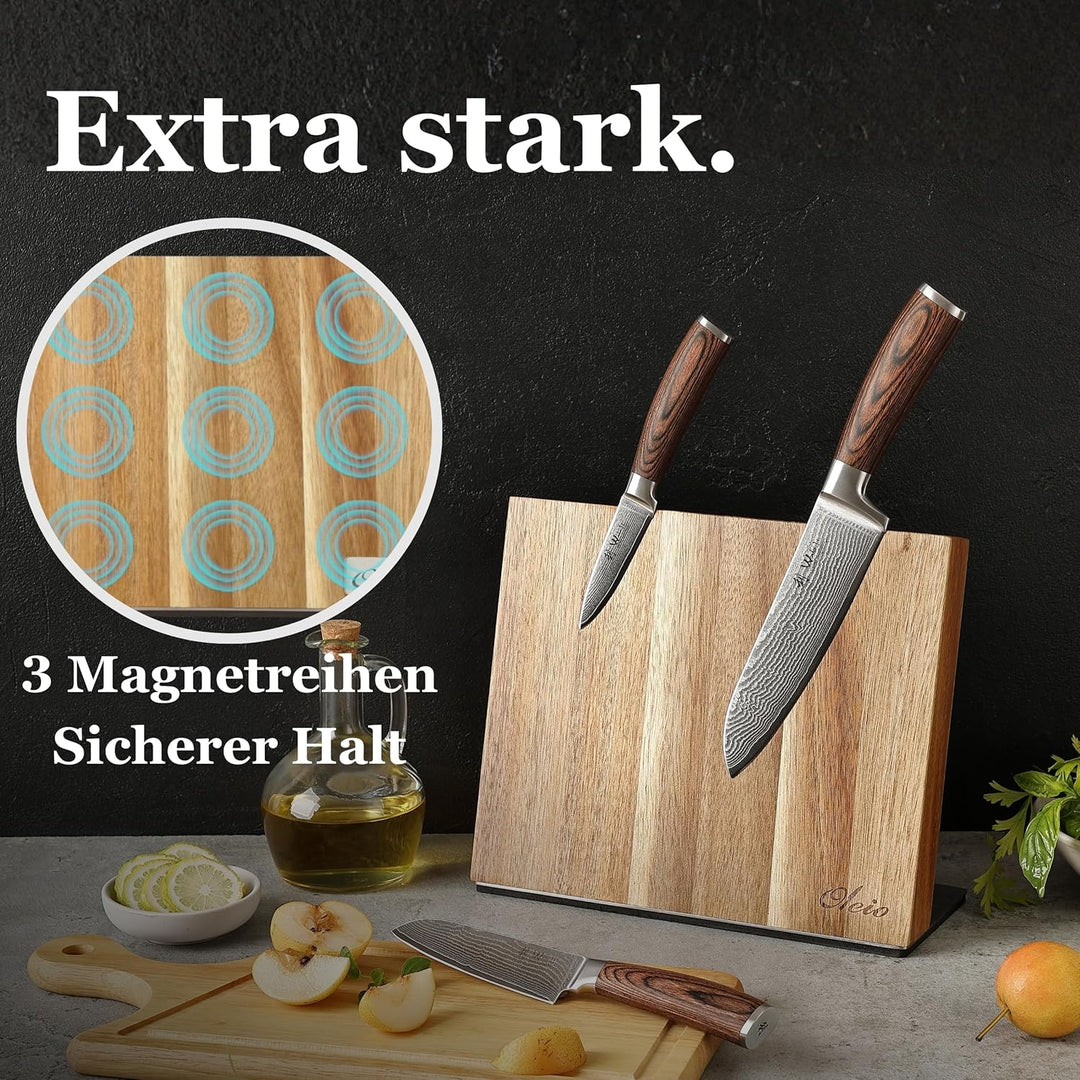 Wakoli Akazien Messerblock und 3er Damastmesser-Set mit Klingenlängen von 8,50cm bis 17,00cm extrem