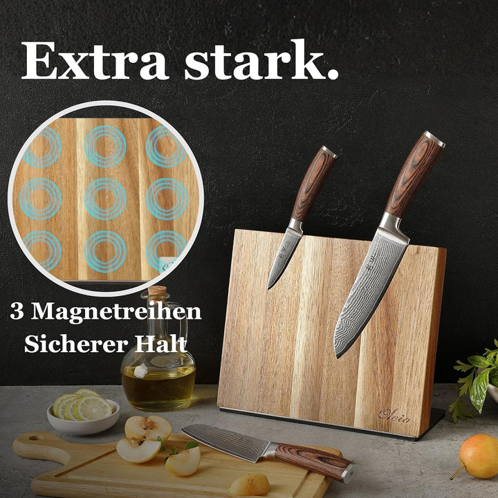 Wakoli Akazien Messerblock und 3er Damastmesser-Set mit Klingenlängen von 8,50cm bis 17,00cm extrem
