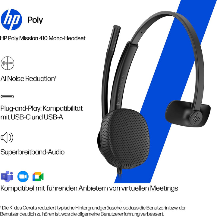 Poly Mission 410 Headset für PC, Monaural, USB‑C/USB‑A, KI‑Geräuschunterdrückung, UC‑Zertifiziert, S
