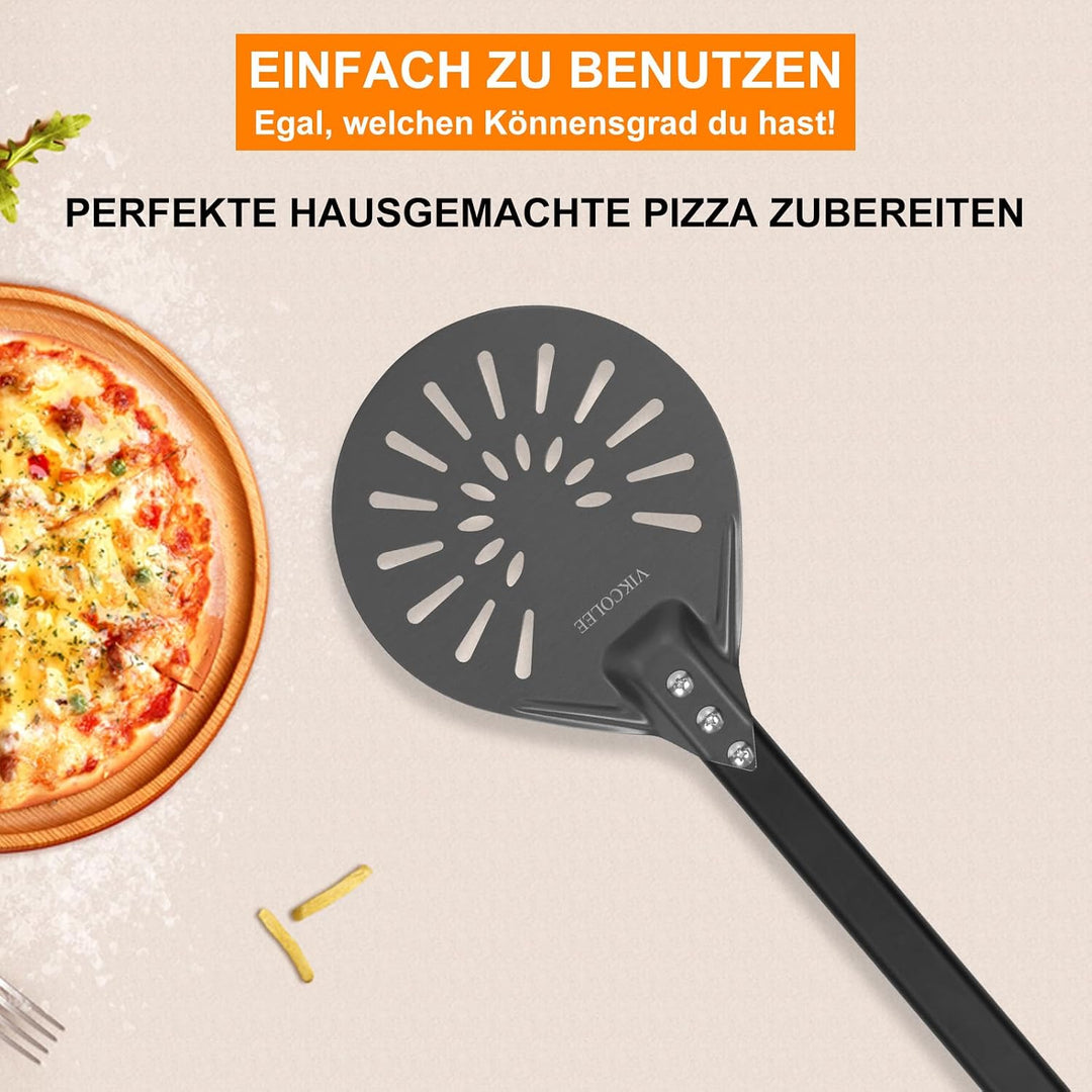 Perforierter Pizzaschieber, runder Pizzawender 17,8 cm, rutschfester Griff 42 cm, robuster eloxierte