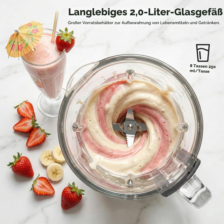 TurboTronic Standmixer - BG7-2100 Watt (25.000 RPM) mit 2,0 L Glasbehälter Edelstahl, Glas Smoothie