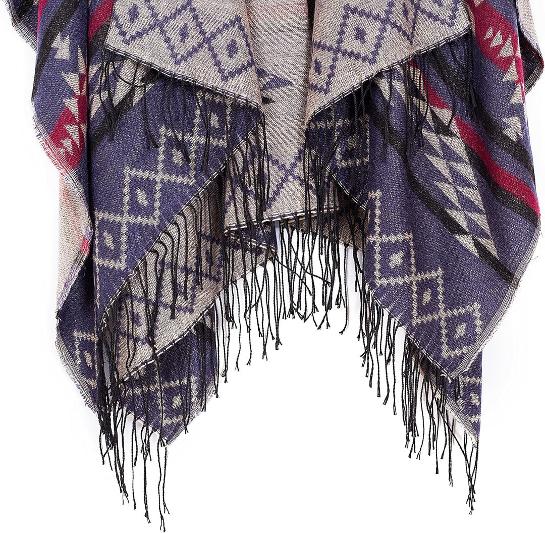 Urban GoCo Damen Poncho Stola Bohe Quaste Schal #3 Navy Blau, #3 Navy Blau