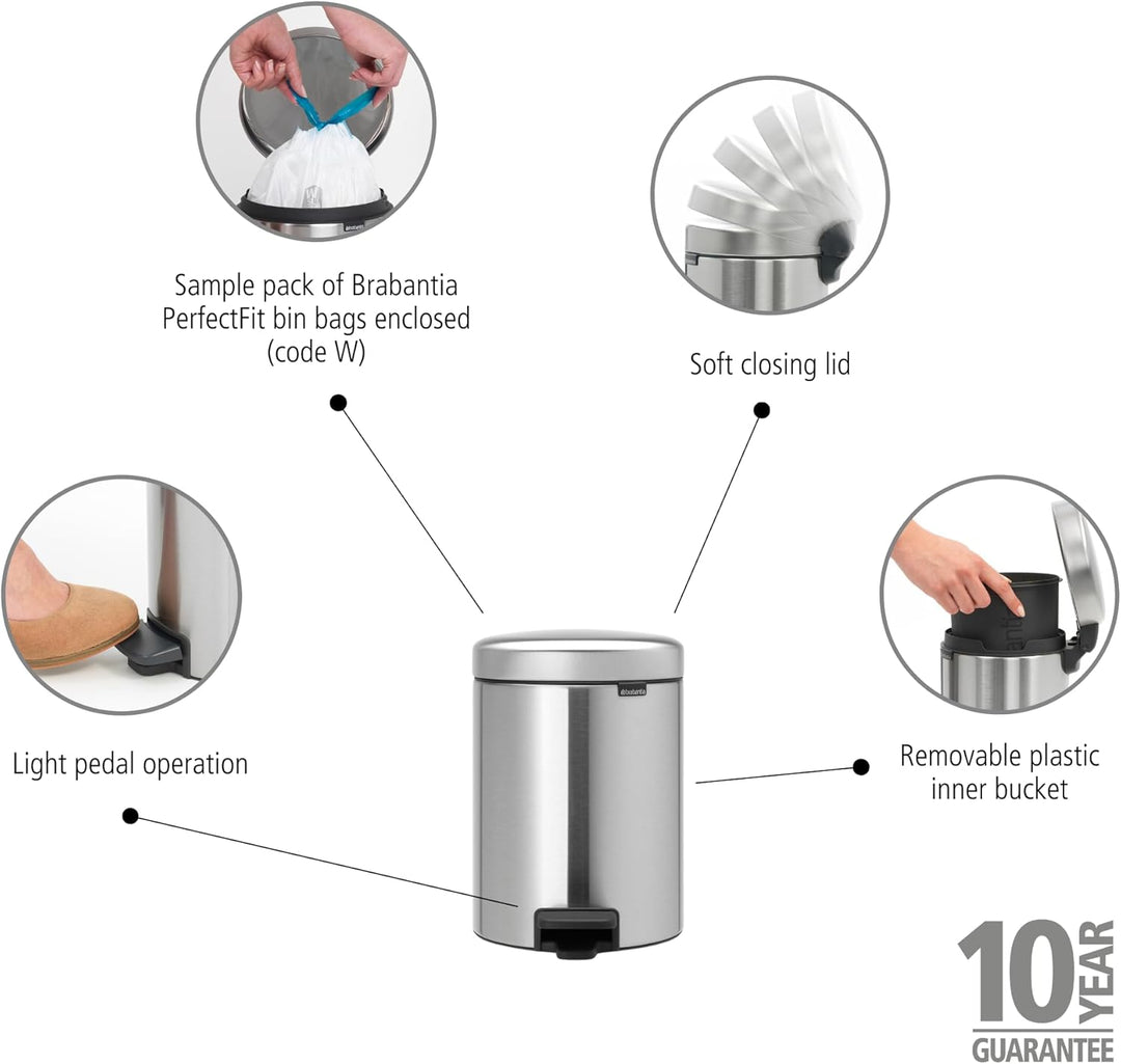 Brabantia 112102 Treteimer mit Inneneimer aus Kunststoff, stahl, Matt Stahl Fingerprint Proof, 5 Lit