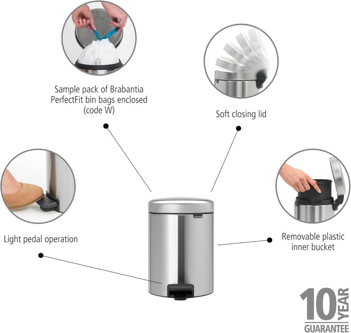 Brabantia 112102 Treteimer mit Inneneimer aus Kunststoff, stahl, Matt Stahl Fingerprint Proof, 5 Lit