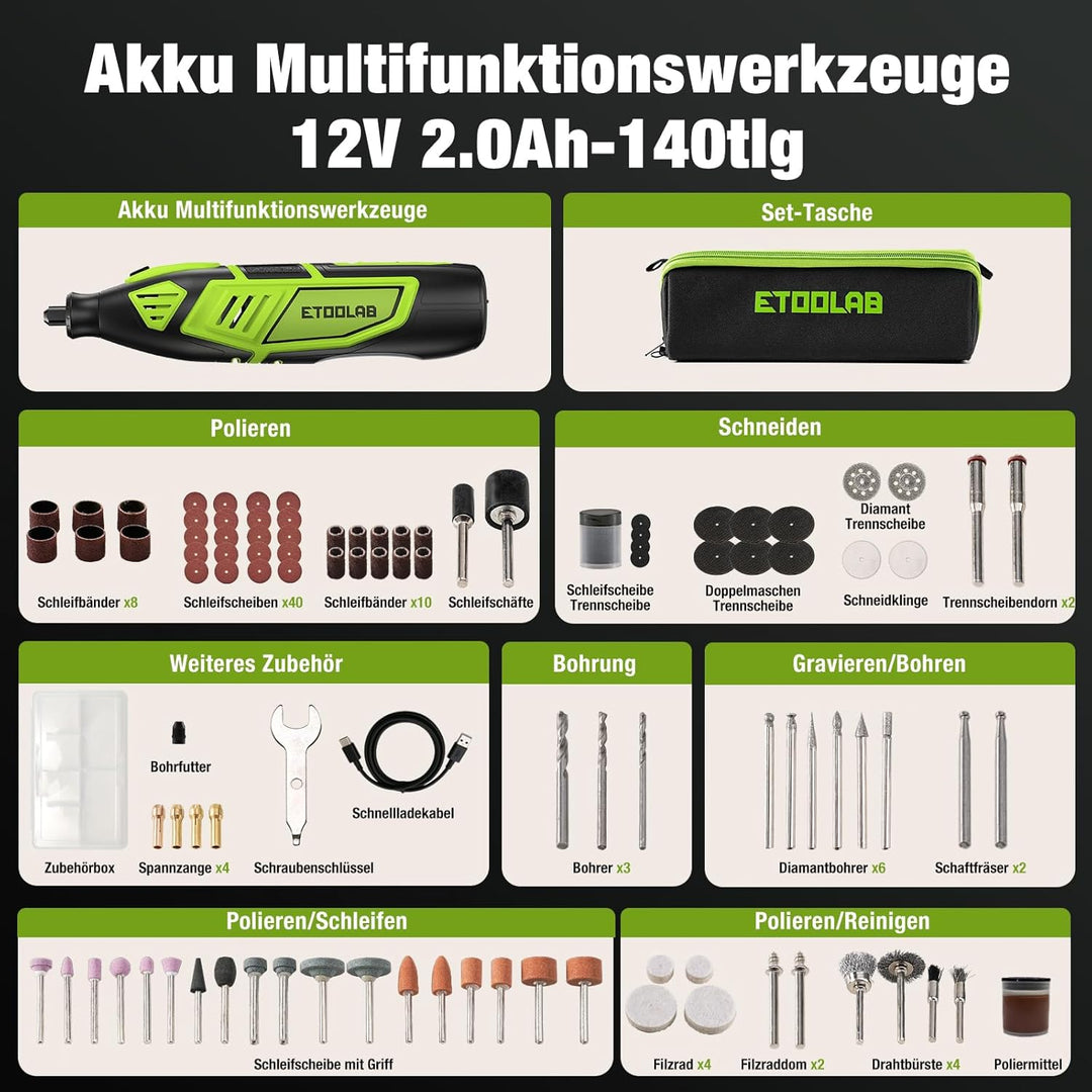 Multifunktionswerkzeug Akku 12V 2.0Ah(Lithium-Ionen), 140PCS Akku-Rotationswerkzeug Set mit 5 Gang 5