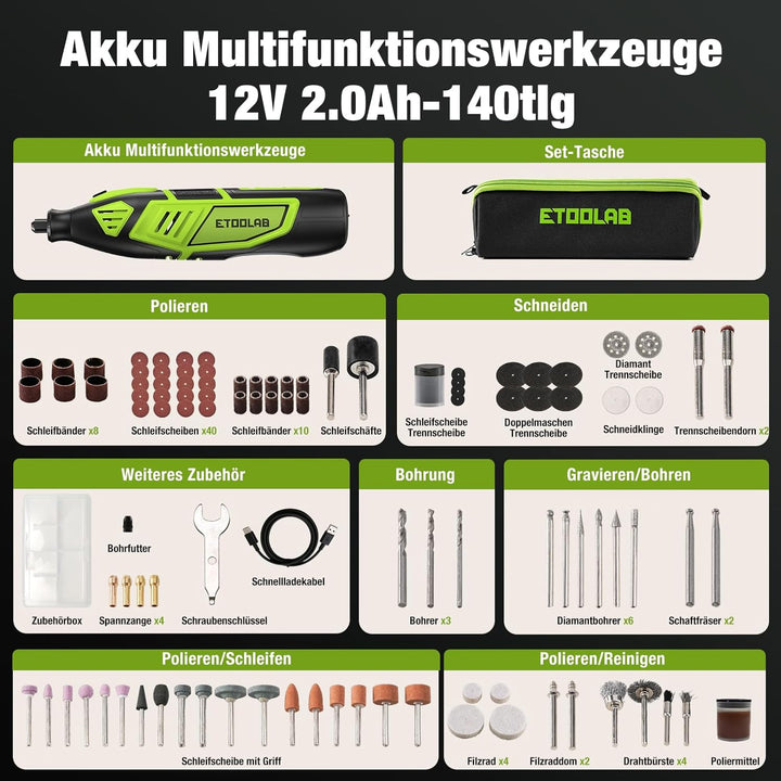 Multifunktionswerkzeug Akku 12V 2.0Ah(Lithium-Ionen), 140PCS Akku-Rotationswerkzeug Set mit 5 Gang 5