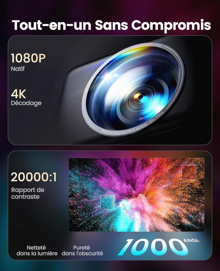 Smart Beamer, Autofokus/Trapezkorrektur 1000 ANSI Beamer 4K Unterstützt, WiFi6 Bluetooth Full HD 108