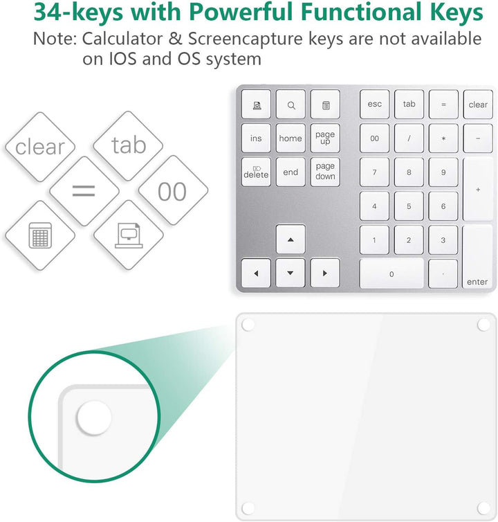 Cateck Bluetooth Ziffernblock 34 Tasten Nummernblock NumPad kabellose Nummer Tastatur wiederaufladba