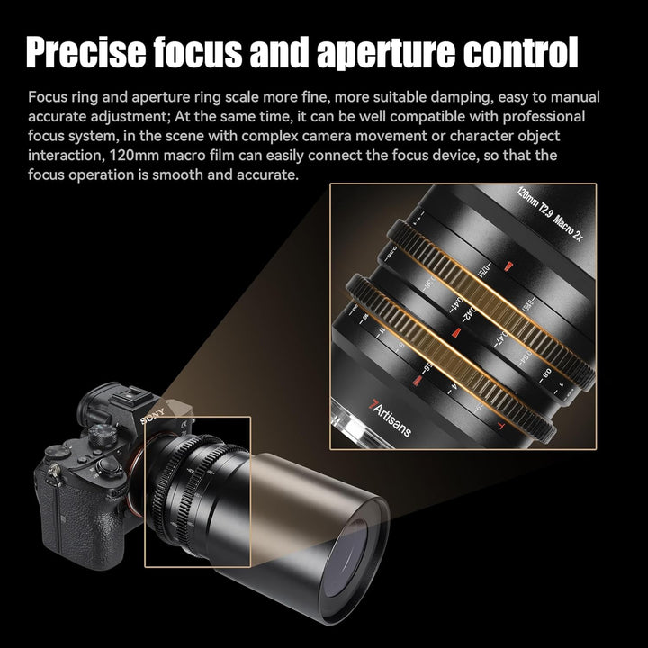 7artisans 120 mm T2.9 Macro 2X Cine-Objektiv, manuelles Cine-Objektiv mit festem Fokus, kompatibel m
