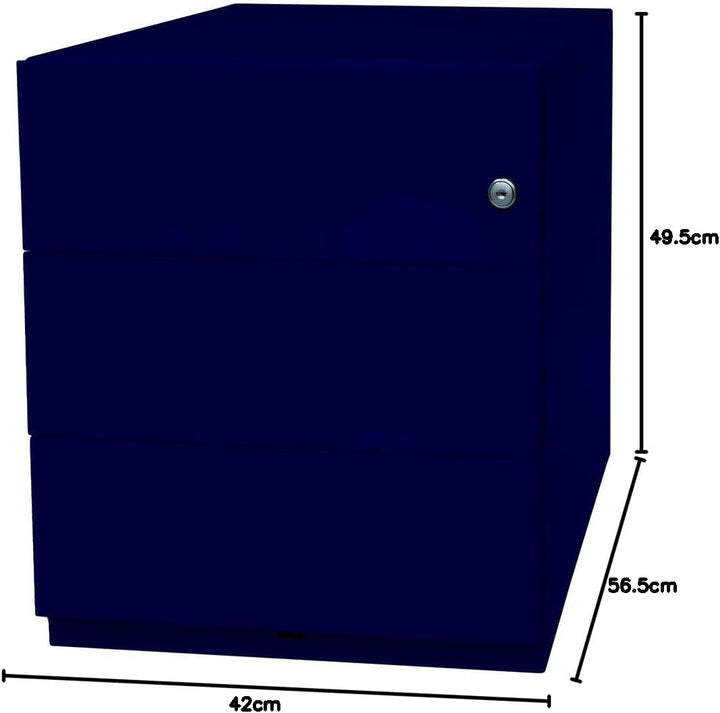 BISLEY Rollcontainer Note mit Griffleiste, 3 Universalschubladen, Metall, 639 Oxfordblau, 56.5 x 42
