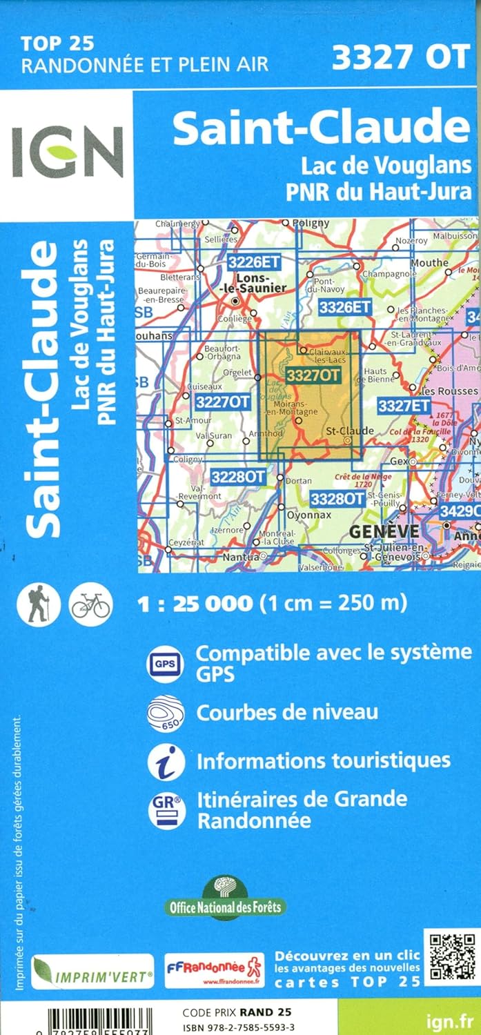 3327OT St-Claude.Lac de Vouglans.PNR du Haut Jura: 1:25000 (TOP 25), Karte