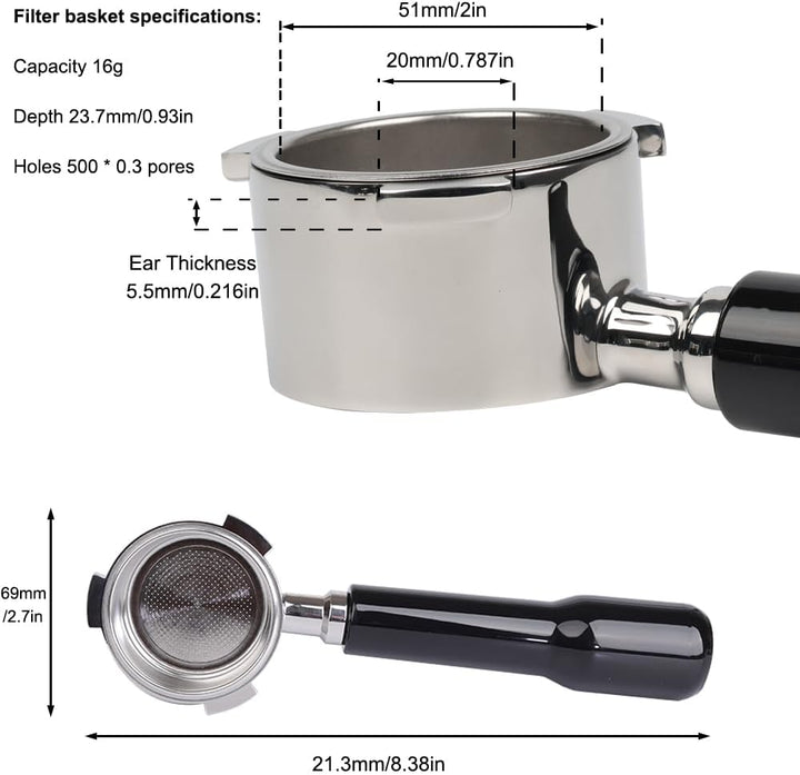 Bodenloser Siebträger 51mm für DeLonghi Dedica EC680/EC685/EC785/EC820/EC850/EC860, mit 2 Tassen Fil