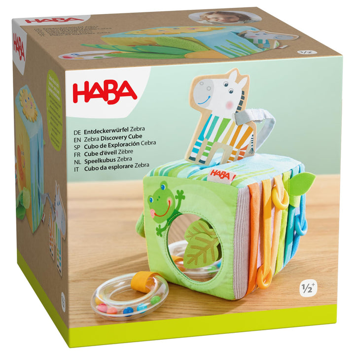 HABA Entdeckerwürfel Zebra – Baby-Sensorik-Würfel mit abnehmbarem Holz-Zebra & Spieleffekten – Babys