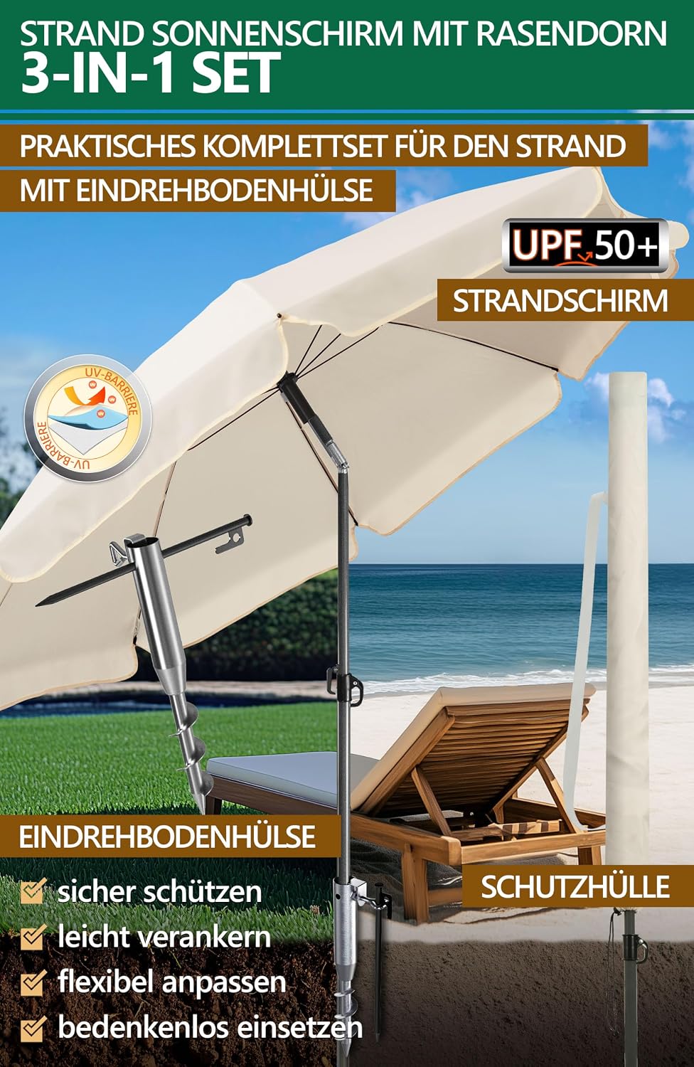 4smile Sonnenschirm Strand 3-in-1 Set, Ø 180 cm, Beige, Strandschirm Windfest Stabil, UV50 Sonnensch