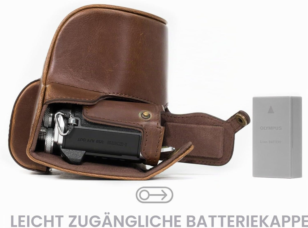 MegaGear Ever Ready Leder Kameratasche mit Trageriemen kompatibel mit Olympus OM-D E-M10 Mark II, E-
